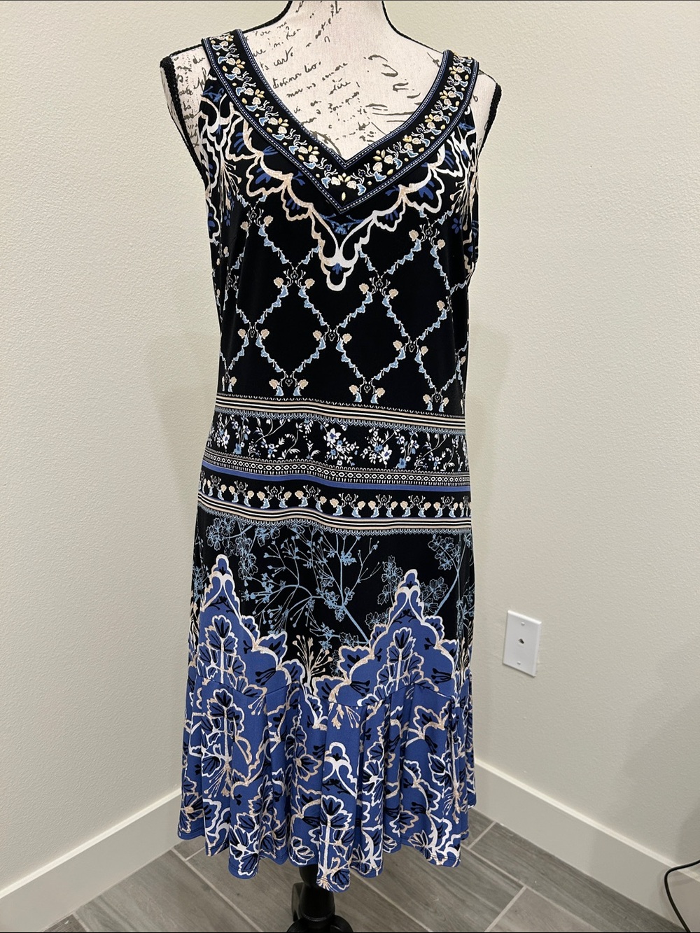 WHBM  Black & Blue Patterned Embellished Midi Dress